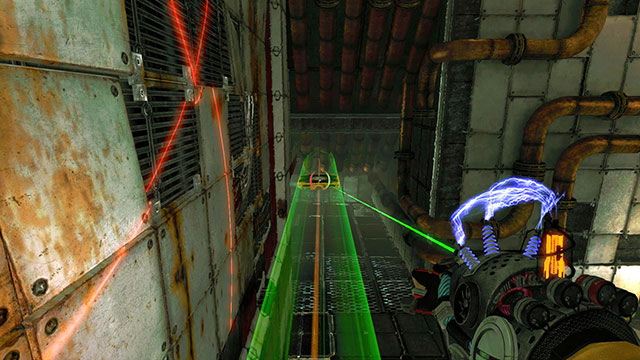 When the vertical platform stars rising, turn around and fire at horizontal platform with green charge(screen above) - Reflection - Walkthrough - Act II - Magrunner: Dark Pulse - Game Guide and Walkthrough