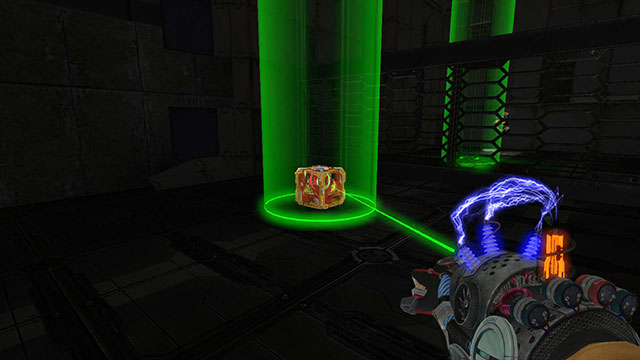 Place the cube on the marking on the floor and then look on the wall over the entrance - Darkness - Walkthrough - Act II - Magrunner: Dark Pulse - Game Guide and Walkthrough