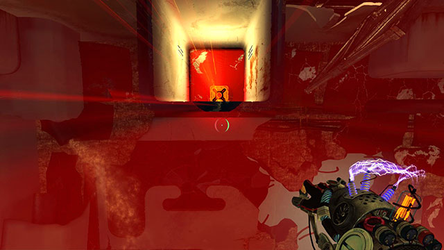 When the cube gets on maximum altitude, fire at the module in the small chamber and fire red charge (screen above) - Reboot - Walkthrough - Act II - Magrunner: Dark Pulse - Game Guide and Walkthrough