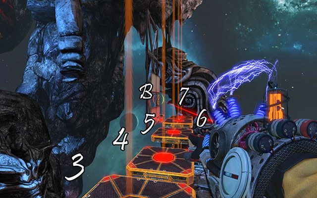 In this moment, when first platforms start rising, turn around to number 7 and set up red Newton on a panel over it - The Damned - Walkthrough - Act III - Magrunner: Dark Pulse - Game Guide and Walkthrough