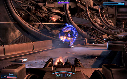 As soon as you've taken control of the turret destroy a nearby barrier engine (screen above) so that enemy units won't receive additional defense - Priority: Thessia - p. 1 - Main quests - Mass Effect 3 - Game Guide and Walkthrough