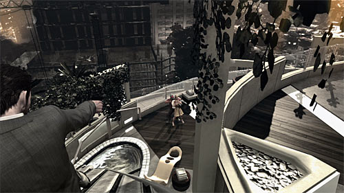 Just after Max started slipping, aim carefully at the head of the bandit standing on the bottom - Chapter I - p. 1 - Walkthrough - Max Payne 3 - Game Guide and Walkthrough