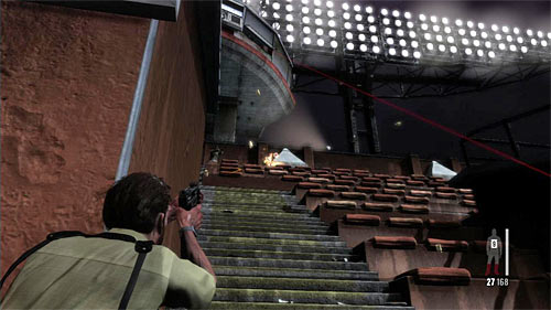 After regaining control wait until two mercenaries appear in the upper part of tribune and fire at them quickly, before they reach covers or fire you back - Chapter III - p. 4 - Walkthrough - Max Payne 3 - Game Guide and Walkthrough