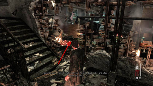 Come to the destroyed stairs BUT before you go up, turn right and go through the hole in the wall shown on the screen above - Chapter IV - p. 2 - Walkthrough - Max Payne 3 - Game Guide and Walkthrough