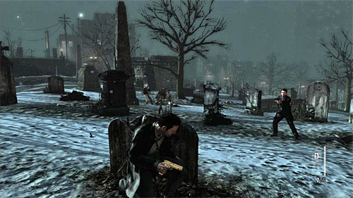 After the encounter move little forward, but when you hear running enemies hide behind one of tombstones - Chapter VIII - p. 1 - Walkthrough - Max Payne 3 - Game Guide and Walkthrough