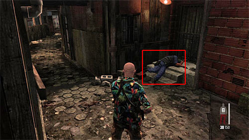 Resume the slums exploration but stop after making several steps and search the body on the right, what gives you another clue [Clue 2/3 - Dead UFE Member] - Chapter IX - p. 1 - Walkthrough - Max Payne 3 - Game Guide and Walkthrough