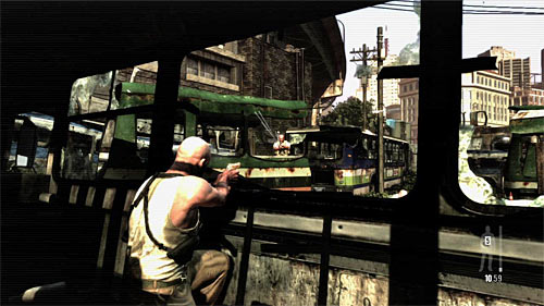 When the main battle begins, watch out on single enemies who will appear in the left bus (screen above) - Chapter X - p. 1 - Walkthrough - Max Payne 3 - Game Guide and Walkthrough