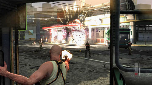 Bus conducted by the Giovanna will pass the gasoline station, so its worth to aim at the petrol pumps to cause an explosion - Chapter X - p. 3 - Walkthrough - Max Payne 3 - Game Guide and Walkthrough