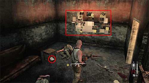 In this room you find two clues: a wall [Clue 3/6 - Wall] and the photocopy [Clue 4/6 - Passos ID Card] - Chapter XII - p. 2 - Walkthrough - Max Payne 3 - Game Guide and Walkthrough