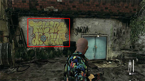 SECRET 5 [Clue 4/9 - Lower Gang Spray Tag]: On the wall, on the left from the blue, closed door - Clues and Golden Guns - Chapter VII - Collectibles - Max Payne 3 - Game Guide and Walkthrough