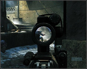 Start off with killing the enemy on the roof [1], afterwards the two others below [2] - First In - p. 2 - Walkthrough - Medal of Honor - Game Guide and Walkthrough