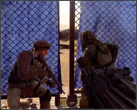 After the fight jump down [1], go through the fence (it will be opened by one of the team members) [2] and run left, hiding behind the plane wrecks - Breaking Bagram - p. 2 - Walkthrough - Medal of Honor - Game Guide and Walkthrough