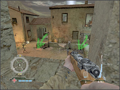 Once you've secured the square from the top, use the stairs (or jump through the window - risky if you're playing at Expert) to rejoin with the rest of the squad - Destroy Northeast Gate AA Gun - Operation Husky - Medal of Honor: Airborne - Game Guide and Walkthrough