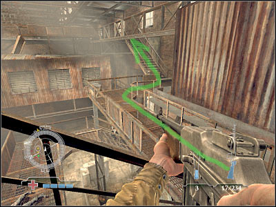 Once you've reached a destroyed section of the platform, turn left (screen) - Sabotage Tank Factory Control Room - part 2 - Operation Varsity - Medal of Honor: Airborne - Game Guide and Walkthrough
