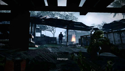 Run towards the next hut (you will see roof collapsing on the right) and get down to the right of the burning barrels to crawl under the hut - Mission 05: Changing Tides - Campaign - Medal of Honor: Warfighter - Game Guide and Walkthrough