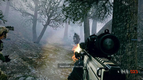 Run with them into the woods on the left of the explosion that is about to happen - Mission 11: Old Friends - Campaign - Medal of Honor: Warfighter - Game Guide and Walkthrough