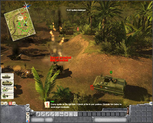 An accurate round should be enough to immobilize the enemy tank in such a way as to let you safely leave towards [6] and shoot the spotter marked by the red circle and arrow (he is in [8]) - Mission 4: Gatecrushers - p. 1 - North Vietnamese - Men of War: Vietnam - Game Guide and Walkthrough