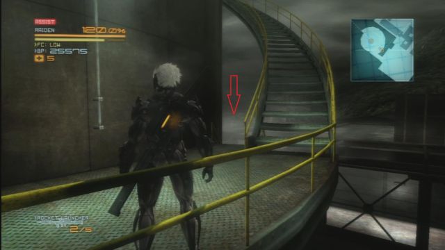 Climb up, go across the door and, before you go up, climb down the stairs (the above screenshot), where you will find a VRM computer (4/4) - R-01 Coup dEtat - The Main Campaign - walkthrough - Metal Gear Rising: Revengeance - Game Guide and Walkthrough