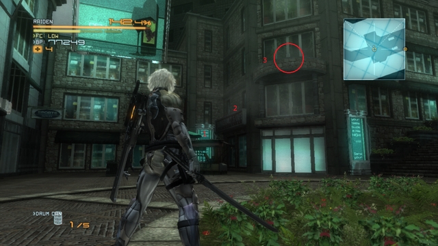 One of the enemies (armed with an RPG) is the last lefty (8/8) in this mission cut his arm off and wipe out everybody, then collect the Data Storage (4/4) on the elevation (the above screenshot) - R-03 Mile High - The Main Campaign - walkthrough - Metal Gear Rising: Revengeance - Game Guide and Walkthrough