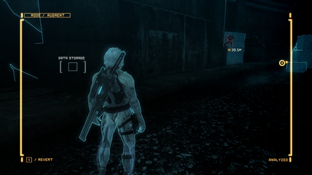 The AR mode, which shows Data Storage #12 behind a wall in the dark tunnel. - Data Storages - Collectibles - Metal Gear Rising: Revengeance - Game Guide and Walkthrough