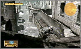 Go upstairs using the ladder [A] and find a way above the street - Ground Zero - First Act - Middle East - Metal Gear Solid 4: Guns of the Patriots - Game Guide and Walkthrough