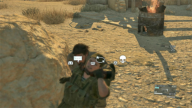 After sneaking up on the enemy from behind, you can choke him or stab him with a knife - Ways to silently eliminate the enemies - Stealth - Metal Gear Solid V: The Phantom Pain - Game Guide and Walkthrough