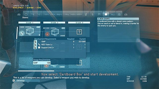You may unlock the cardboard box when your research squad will level up - Completing the basic training on the Mother Base - Mission 2 - Diamond Dogs - Metal Gear Solid V: The Phantom Pain - Game Guide and Walkthrough