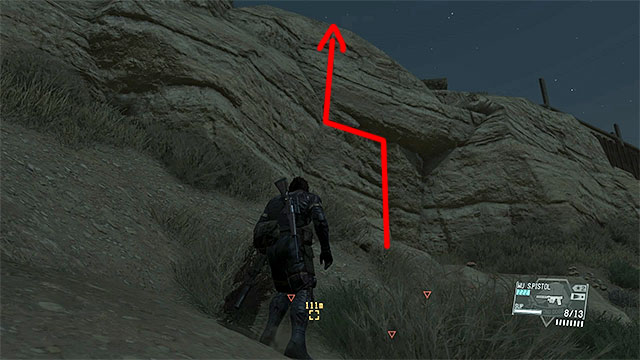 A much better way to reach the upper base is to climb the rocks to the right (i - Reaching the upper part of the barracks - Mission 5 - Over the Fence - Metal Gear Solid V: The Phantom Pain - Game Guide and Walkthrough