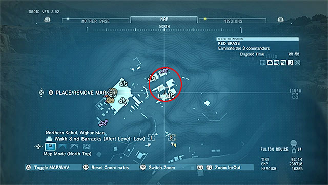 The main location of the second commander is Wakh Sind Barracks, but right after the mission starts, he will go to Da Wialo Kallai to meet the rest of the officers - Locating the three commanders - Mission 7 - Red Brass - Metal Gear Solid V: The Phantom Pain - Game Guide and Walkthrough