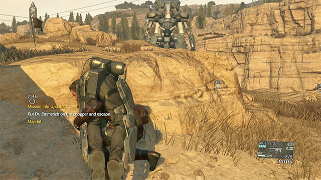 Hide behind rocks, on a small hill - Escaping Metal Gear Sahelanthropus - Mission 12 - Hellbound - Metal Gear Solid V: The Phantom Pain - Game Guide and Walkthrough