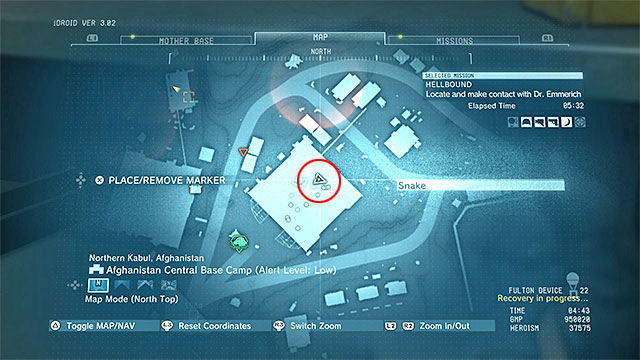 The blueprint (BAMBETOV SV) is inside one of the hangars in the center of Afghanistan Central Base Camp - the location has been marked in the above screenshot - Remaining Hellbound secondary mission objectives - Mission 12 - Hellbound - Metal Gear Solid V: The Phantom Pain - Game Guide and Walkthrough