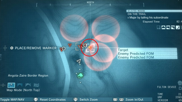 The meeting place is located in the eastern part of the map (south-east from guard post number 13) and is marked on the screen above - Identifying and eliminating the Major - Mission 19 - On the Trail - Metal Gear Solid V: The Phantom Pain - Game Guide and Walkthrough