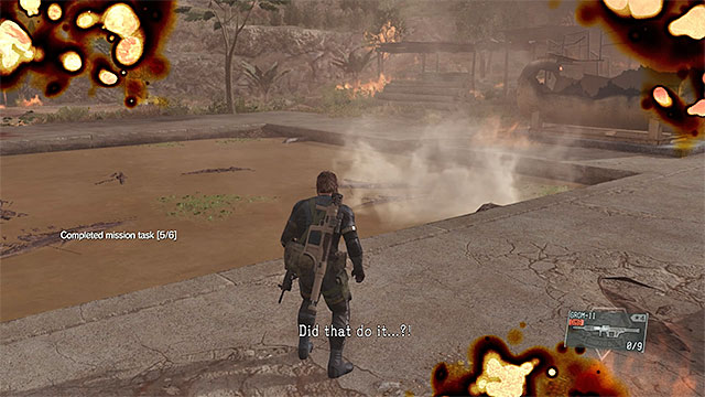 If you did this the right way, Man on Fire should land in the water (the screen above) and the floating boy wont be able to help him - How to defeat the Man on Fire? - Mission 20 - Voices - Metal Gear Solid V: The Phantom Pain - Game Guide and Walkthrough