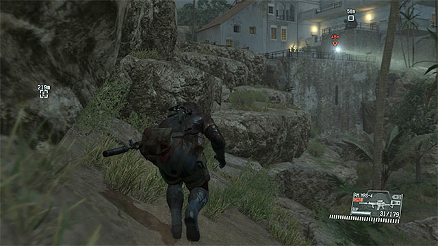 Climb the rocks to the left of the mansion. - Locating Code Talker - Mission 28 - Code Talker - Metal Gear Solid V: The Phantom Pain - Game Guide and Walkthrough