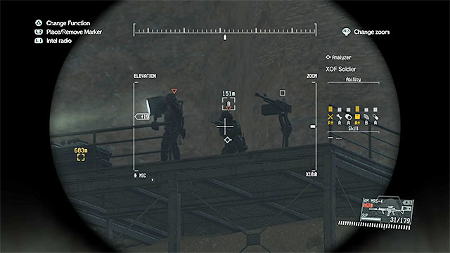 The first sniper is located on the balcony, next to a searchlight. - Infiltrating the OKB Zero base - Mission 30 - Skull Face - Metal Gear Solid V: The Phantom Pain - Game Guide and Walkthrough