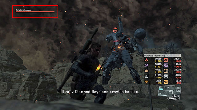 Sahelanthropus health bar can be found in the upper left corner of the screen. - How to defeat Sahelanthropus (the final boss of chapter 1)? - Metal Gear Solid V: The Phantom Pain - Game Guide and Walkthrough