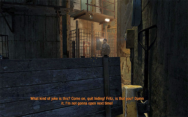 After pressing the button quickly hide behind the crate shown on the screen, because after the lock is open, a new guard will appear here - Follow Pavel and avoid detection - Chapter 3: Pavel - Metro: Last Light - Game Guide and Walkthrough