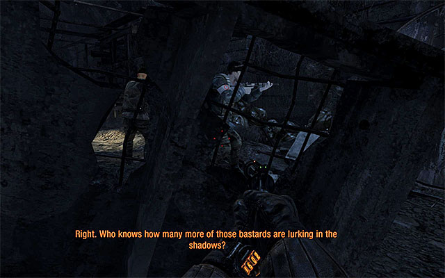Make sure that your flashlight is off and hide behind the obstacle where Pavel was standing previously - Find a way to get upstairs - Chapter 5: Separation - Metro: Last Light - Game Guide and Walkthrough