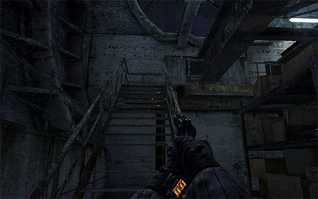 In order to leave that location you have to use the stairs shown on the screen (you might destroy the nearby oil lamp first) - Find a way to get upstairs - Chapter 5: Separation - Metro: Last Light - Game Guide and Walkthrough