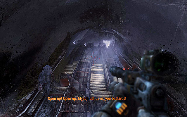 After you go down the stairs, turn around and start shooting at the mutants coming your way, first using long-range weapons, and then your shotgun or something else effective at short quarters - Follow Pavel to the Theater Station - Chapter 8: Echoes - Metro: Last Light - Game Guide and Walkthrough