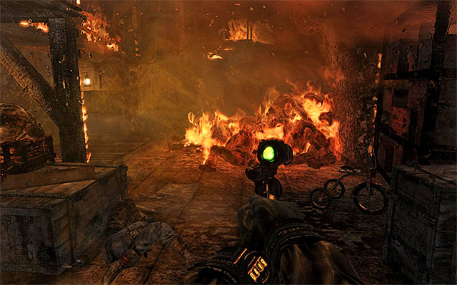 Return downstairs and enter a bigger area that is on fire - Find and save Anna - Chapter 19: Contagion - Metro: Last Light - Game Guide and Walkthrough