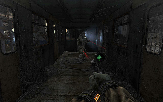 After you pass the area monitored by the guards, turn left and enter the closest railway car - Find about the plans of the Red Line troops - Chapter 25: Depot - Metro: Last Light - Game Guide and Walkthrough
