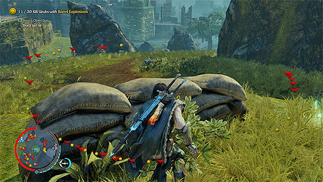 Hide behind sandbags - Shadow and Flame (bow) - Weapon Missions - Middle-earth: Shadow of Mordor - Game Guide and Walkthrough