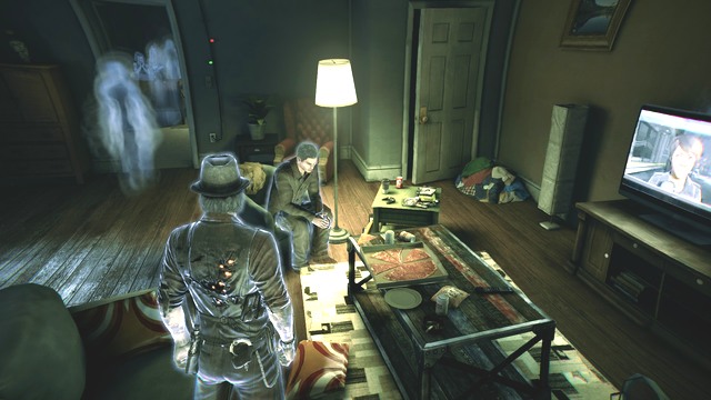 The ghost man is busy watching TV. - Chapter 1 - New Abilities - Main investigations - Murdered: Soul Suspect - Game Guide and Walkthrough