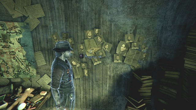 Someone put a lot of photos on the wall. - Chapter 8 - Bell Killers Hideout - Main investigations - Murdered: Soul Suspect - Game Guide and Walkthrough