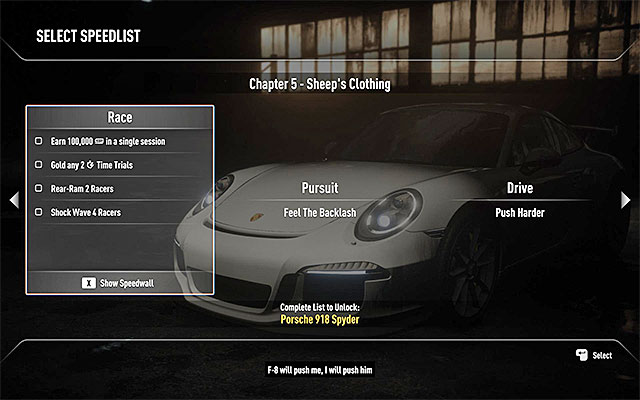 Racer career mode (Rival) is divided into chapters and if you want to advance to next chapter you have to complete tasks from the speedlists chosen by you - Career progress - Racer career - Need for Speed Rivals - Game Guide and Walkthrough