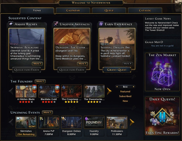 Every module in Landing Page is a collection of most interesting game aspects selected for your level - Landing page and queue system - First steps - Neverwinter - Game Guide and Walkthrough