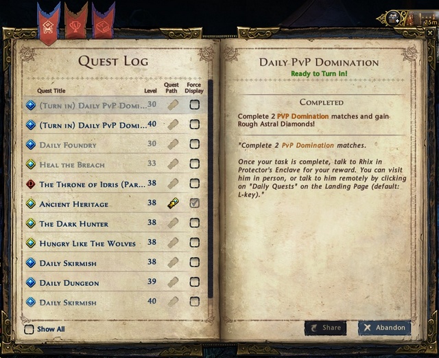 On the right side of the screen most of the time you will see five active quests, it's a shortened version of quest log and it lets you easily track few quests - Quest log and quest path - Quests - Neverwinter - Game Guide and Walkthrough