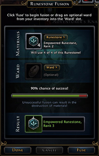 Rank increase isn't guaranteed, for example 4 runes rank 1 will have 95% chances to successfully create one rank 2 rune, but four runes from rank 5 have only 40% of fusion success - Runes and enchantments - Equipment - Neverwinter - Game Guide and Walkthrough