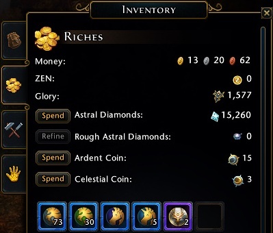 Almost every currency is placed in Riches tab of your inventory - Currencies - Neverwinter - Game Guide and Walkthrough